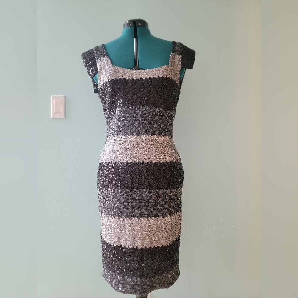 Celebrity Designer Marc Bouwer Black and Silver Striped Sequin Midi Dress